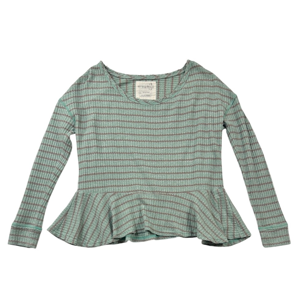 We The Free Free People Striped Waffle Knit Peplum Thermal Top Green XS - Picture 2 of 8